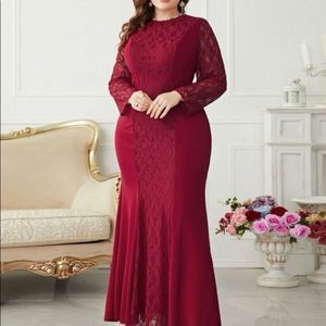 SHEIN Curve Burgundy Lace Detail Maxi Dress